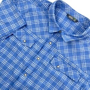 Stio Eddy Coast Shirt Blue Plaid Seersucker Western Pearl Snap Short Sleeve XXL